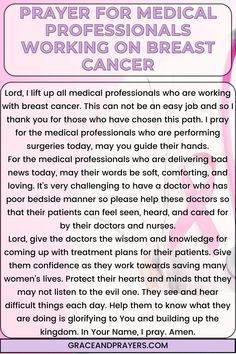 Praying for medical professionals working on breast cancer can bring strength and wisdom to their efforts. This prayer seeks God's guidance and support for those dedicated to treating and researching breast cancer. Visit Grace and Prayers to read this prayer and discover more words of encouragement for medical professionals. Gods Guidance, Easy Jobs, More Words, The Battle