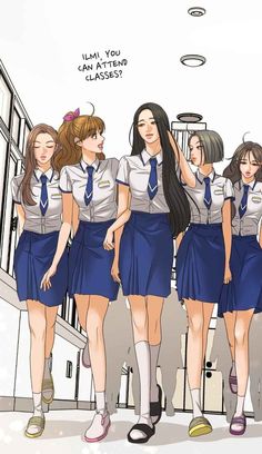 four girls in school uniforms are standing next to each other and one girl has her hand on her head