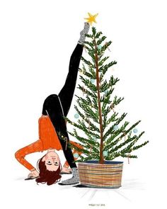 a drawing of a woman reaching up to a small christmas tree with her legs in the air