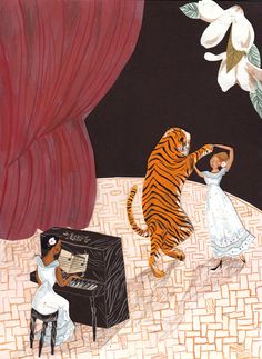 two women are playing piano and a tiger is dancing