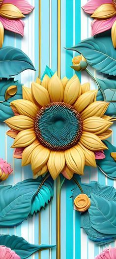 a painting of a sunflower on a blue and white striped background