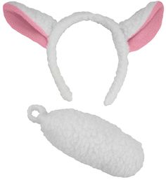 a white bunny ears and tail with pink ears