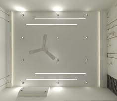 a clock is shown in the middle of a room with white walls and flooring