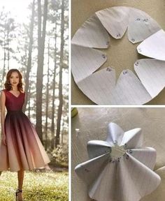 two pictures with different types of paper flowers and the same woman standing in front of them