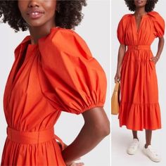 Great Condition The Most Eye-Catching Element Of This Vacation-Ready Dress Has To Be That Nasturtium Hue-As Glowy And Blazing As A Showstopping Sunset. With Puff Sleeves, A Tiered Skirt, And A Matching Belt Cinching The Waist, This Cotton Dress Is An Effortless Day-To-Night Staple You Can Just As Easily Top-Er, Bottom Off With Sneakers As With A Pair Of Kitten Heels. This Dress Is Sure To Be Worn Season After Season A-Silhouette Pleats Details 100% Lightweight Cotton Poplin Open Split Neck Line Generous Puff Sleeves Elastic Cuffs Elastic Waist With Removable Belt Deep Orange Color Ulla Johnson Dress, Deep Orange, Vibrant Orange, Tiered Skirt, Ulla Johnson, Perfect Shirt, Cotton Dress, Cotton Poplin, Sleeve Cotton