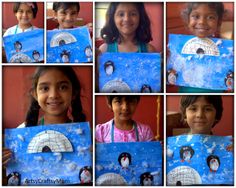 a collage of photos with children holding up pictures of penguins and iglots