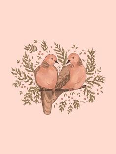 two birds sitting on top of a tree branch with leaves and berries around them, against a pink background