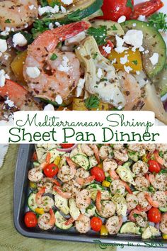 a sheet pan filled with shrimp, zucchini and tomatoes next to a serving dish