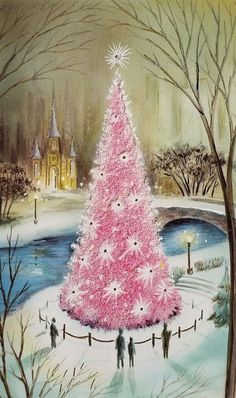 a painting of a pink christmas tree with people standing around it in front of a bridge