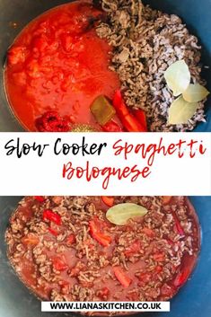 slow cooker spaghetti with broccoli and red sauce in a blue pot on the stove