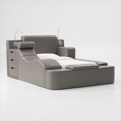 Upgrade your retreat with every techie feature you could want—this storage bed has it all. With sleek lines, vegan leather, and tons if built-in extras, you’ll never want to leave. | Tech Youth Storage Twin Bed with Bluetooth® Speakers in Grey | American Signature Furniture Storage Twin Bed, Multifunctional Bed, Drawers And Shelves, Kids' Furniture, Twin Headboard, American Signature Furniture, Value City Furniture, City Furniture, Storage Bed