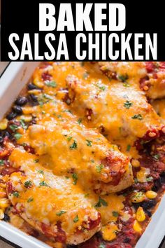 baked salsa chicken in baking tray Mexican Chicken Breast Recipes, Baked Salsa Chicken Recipe, Baked Salsa Chicken, Mexican Chicken Bake, Salsa Chicken Bake, Salsa Chicken Recipe, Mexican Ingredients, Mexican Style Chicken, Easy Bbq Chicken