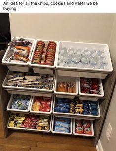 an organized food storage unit in the corner of a room with lots of items on it