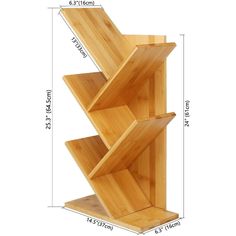 an image of a bamboo shelf with three sections on it and measurements for each section