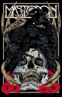 a black crow sitting on top of a skull with horns and skulls in the background