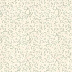 a white and green floral wallpaper with small flowers on the left side of it