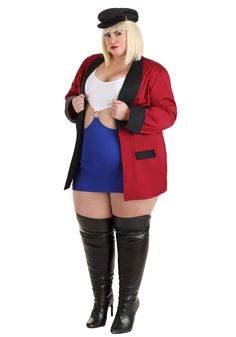 a woman in a short skirt and red jacket posing for the camera with her hands on her hips