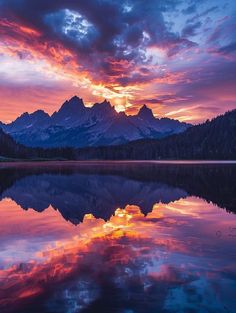 the sun is setting over a mountain range with water and trees in front of it