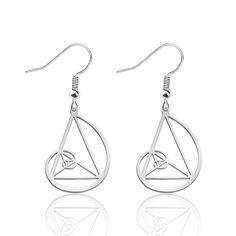 pair of silver tone earrings with an inverted triangle and two interlocked circles in the middle