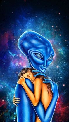 a painting of an alien hugging a woman