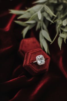 an engagement ring sitting on top of a red velvet box with greenery in the background