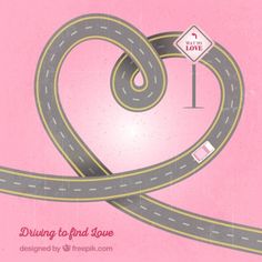 a heart shaped road with a sign in the middle that says driving to find love