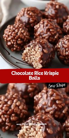 chocolate rice krispie balls are on a plate and ready to be eaten in the kitchen