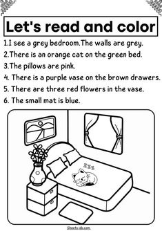 a bed and dresser with the words let's read and color