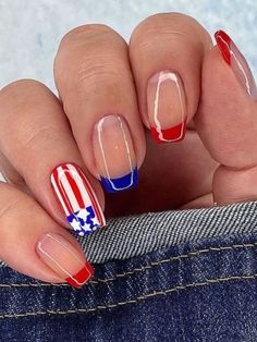 red and blue French tips with American flag accent Diy Fourth Of July Nails, Fourth Of July Nails Easy, Easy 4th Of July Nails, American Flag Nails, Almond Acrylic Nails Designs, Flag Nails, America Nails, Patriotic Nails, Usa Nails