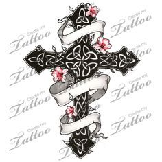 a cross with flowers and ribbon tattoo design