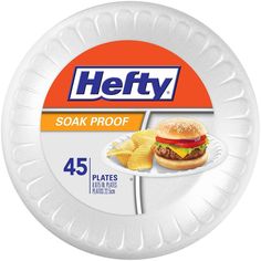 a white paper plate with a hamburger and fries on the side, that says hefty soak proof