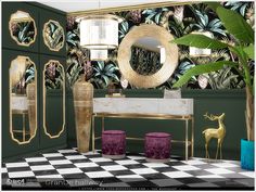 a bathroom with black and white checkered flooring, gold accents and wallpaper