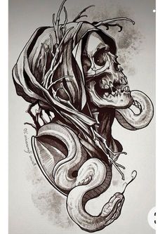 a drawing of a skull with a snake wrapped around it's neck and head