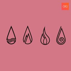 four different types of water drop icons on a pink background with an orange and black logo