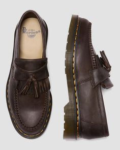 Adrian Crazy Horse Leather Tassel Loafers in Dark Brown | Dr. Martens Docs Shoes, Brown Dr Martens, Clothing Aesthetic, Street Fashion Men Streetwear, Mens Outfit Inspiration, Shoe Inspo, Swag Shoes