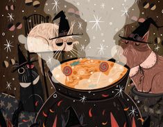 two cats in witches hats are eating pizza