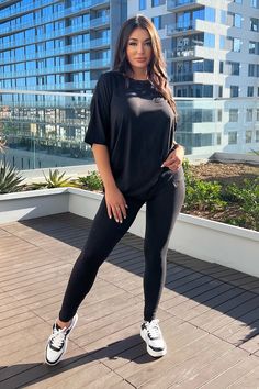 Available In Black. Legging Set Short Sleeve Oversized T-Shirt Leggings Stretch 90% Polyester, 10% Spandex Imported | Weekend Vibes Legging Set in Black size Medium by Fashion Nova Black Leggings T Shirt Outfit, Leggings Oversized Shirt Outfit, Sporty Look For Women, Dress Up Black Leggings, Cute Comfy Outfits With Leggings, Black Leggings Outfit Summer Casual, Outfit Legging Noir, Leggings And T Shirt Outfit, Black Outfits Baddie