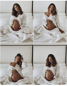 a pregnant woman sitting on top of a bed