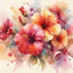 watercolor painting of red and yellow flowers