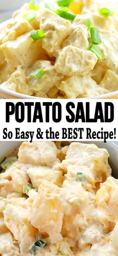 potato salad in a white bowl with the title above it