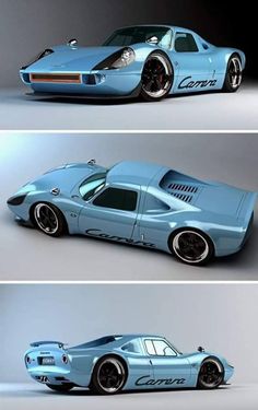 three different views of a blue sports car