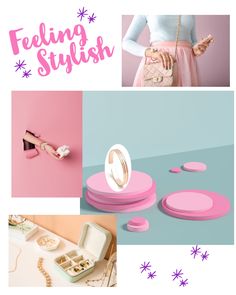 a collage with pink and blue images including jewelry, ring cases, and rings