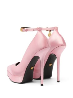 Find VERSACE Lycia Satin Platform Pumps on Editorialist. blush pink calf leather/satin Medusa Head motif pointed toe branded leather insole buckle-fastening ankle strap high stiletto heel gold-tone hardware Versace Pumps, Versace Heels, Versace Pink, Heels Aesthetic, Pink Pumps, Aesthetic Shoes, Pink Heels, Pink Shoes, Dream Shoes