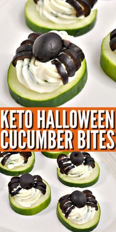 halloween cucumber spider bites on a white plate