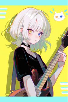 an anime character holding a guitar and wearing a black shirt with white hair on it