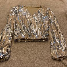 Long Sleeve Sequin Blouse, Never Worn, Perfect Condition, V Neck Attached At Front, Elastic Waist Band And Wrists Sequin Blouse, Long Sleeve Sequin, Easy Trendy Outfits, Waist Band, Trendy Outfits, Elastic Waist, Sequin, Top Blouse, Blouses