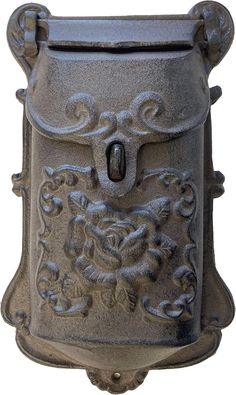 an old fashioned mailbox with ornate designs on it