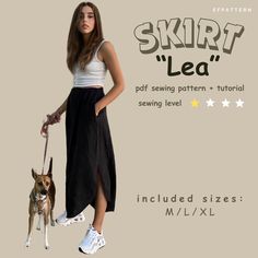 a woman in white shirt and black skirt holding a brown dog on leash with text overlay