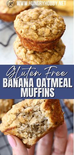 banana oatmeal muffins stacked on top of each other with text overlay