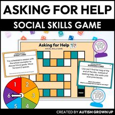 Practicing social skills, from expression, exchange, and expectations can be fun with this Asking for Help Social Skills Game. Includes scenarios, ideas for strategies, and quiz questions! Play as a board game with the included game board and question cards. How we target Asking for Help looks like: recognizing one’s needs and seeking assistance as well as supporting others when they ask for assistance. Objective: Students will learn about and practice Asking for Help as a social skill through a Social Skills Games, Life After High School, Self Advocacy, Social Games, Skill Games, Iep Goals, Event Card, Social Skills Activities, Question Cards